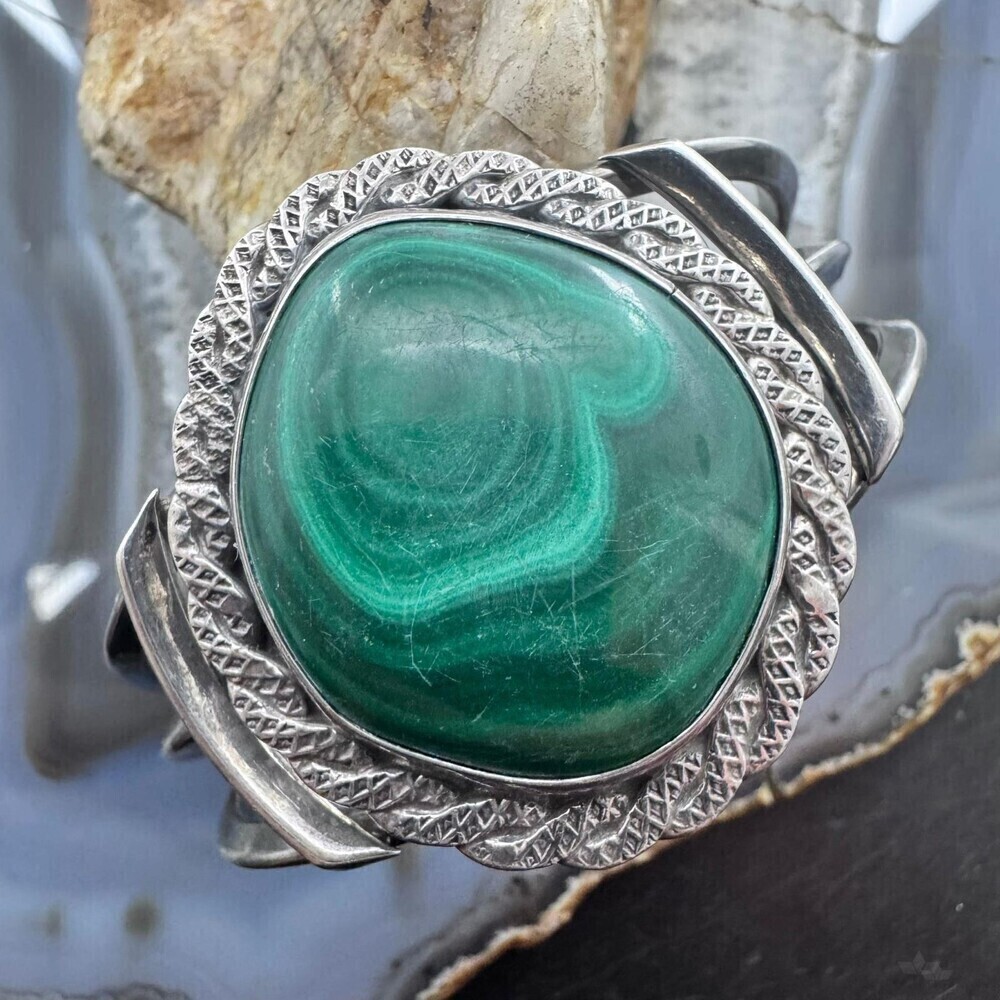 Vintage Native American Silver Large Rounded Malachite Decorated Cuff For Women
